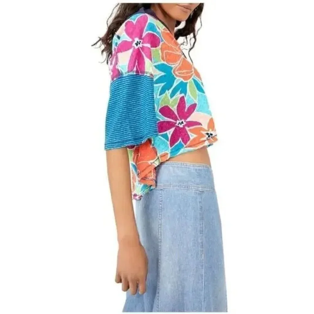 Free People On A Boat Boxy Crop Polo XS Coastal Floral NWT